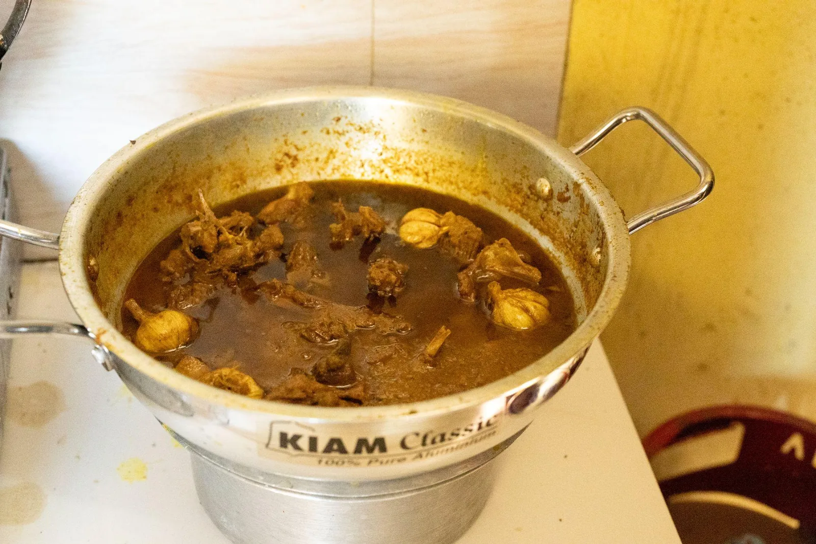 A pot of slow-cooked beef curry