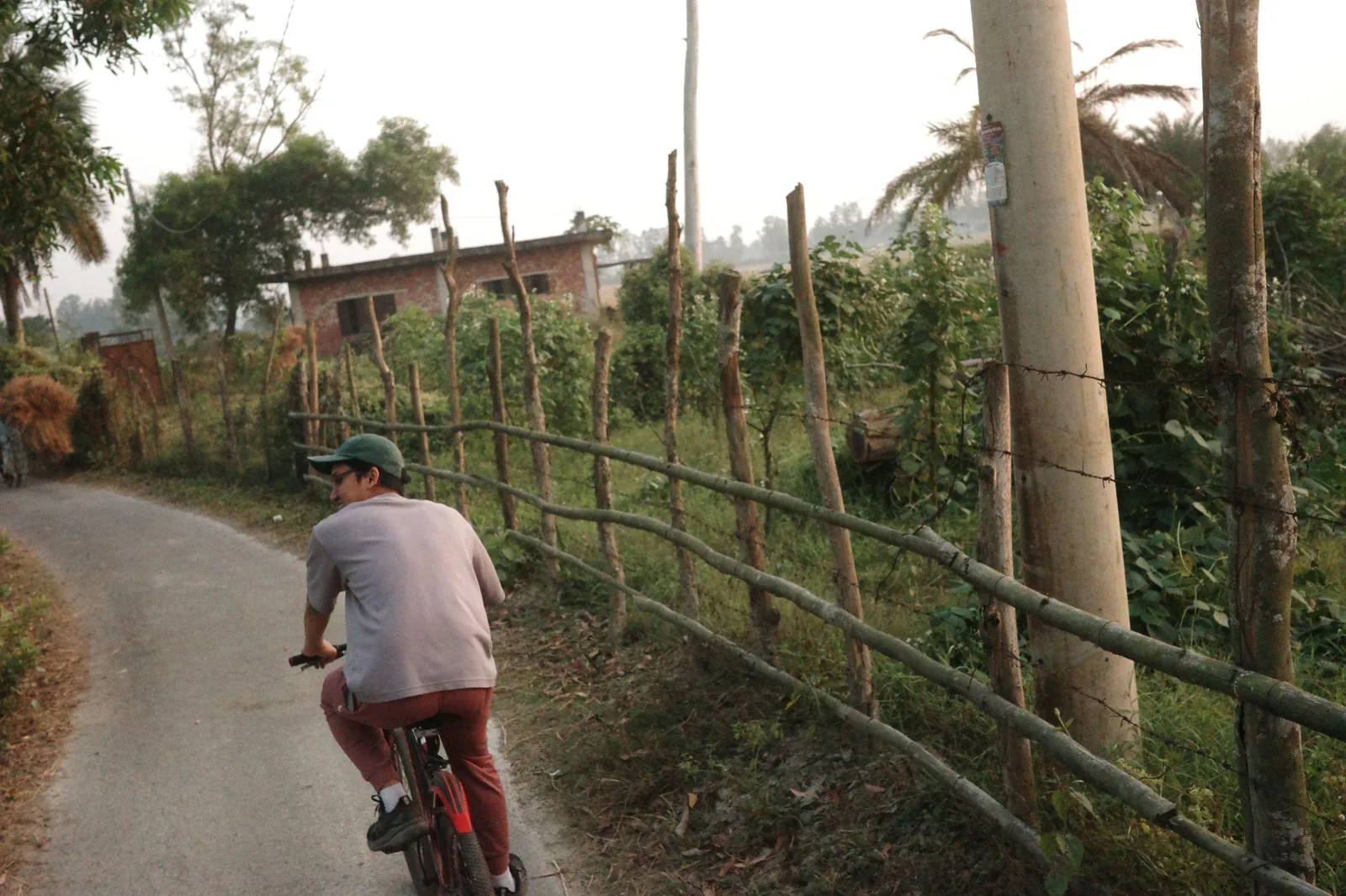 Cycling down a narrow village lane